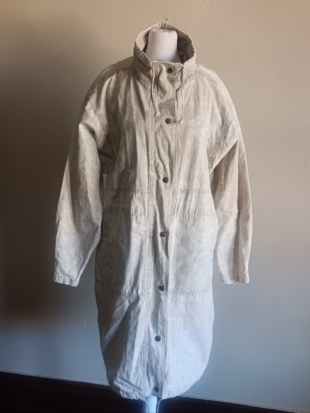 VTG Andy Johns Beige Marble Cotton Snap Up Denim Trench, Jacket Womens Medium - Picture 2 of 12